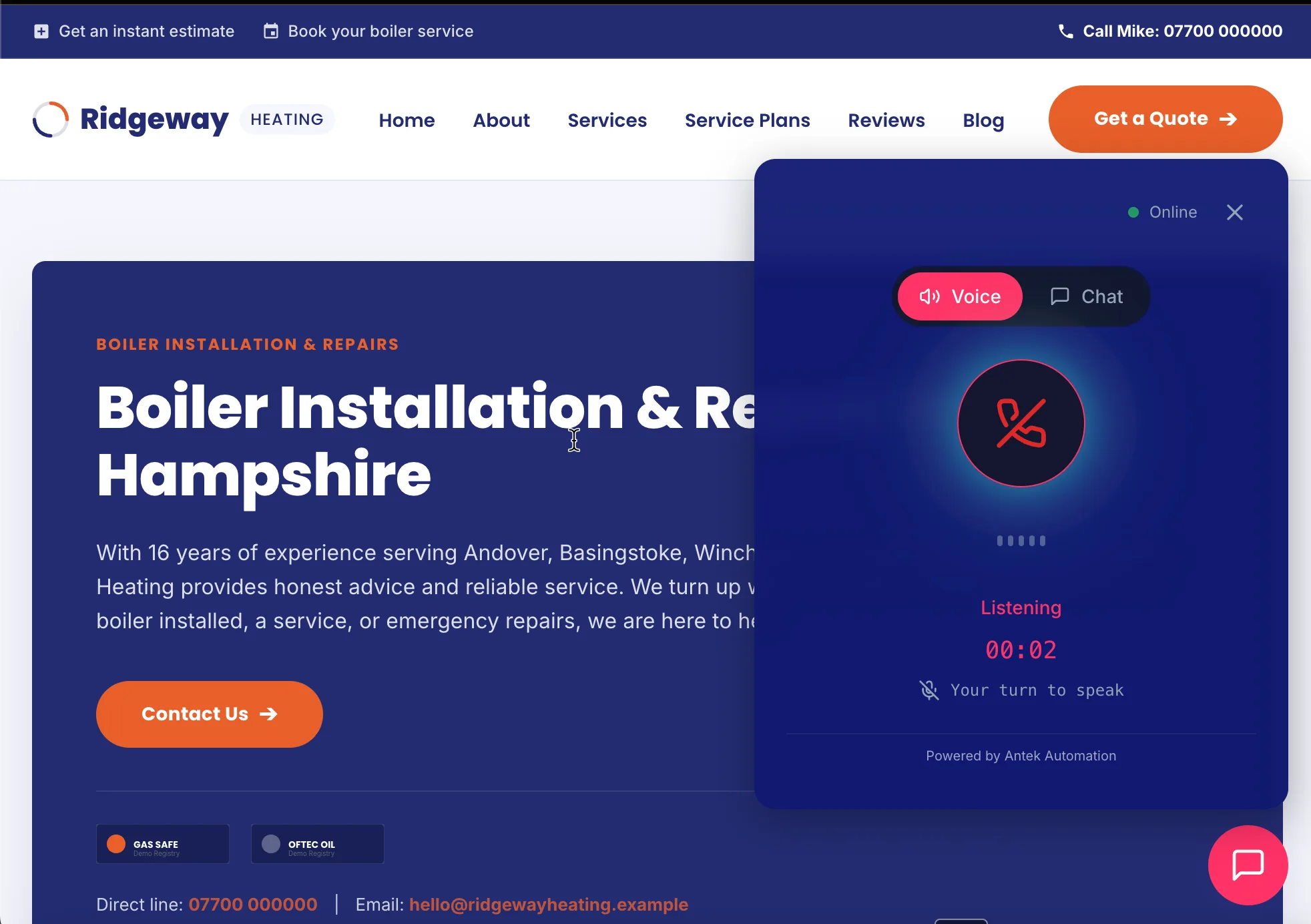 The AI voice and chat reception stack deployed on a live UK plumbing business
